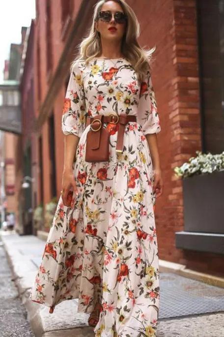Best Floral Peasant 3/4 Sleeves Maxi X-line Dress - Image 3