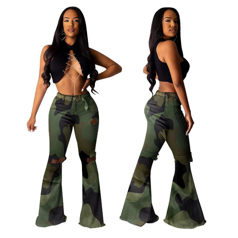 Camouflage Print Hole Flared Pants - Image 4