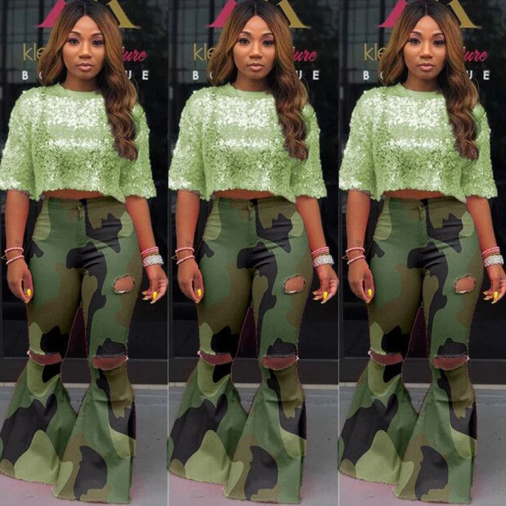 Camouflage Print Hole Flared Pants - Image 5