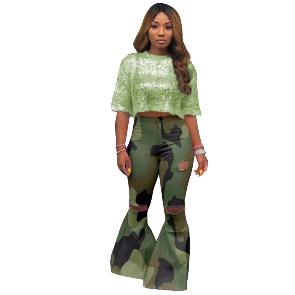 Camouflage Print Hole Flared Pants - Image 7