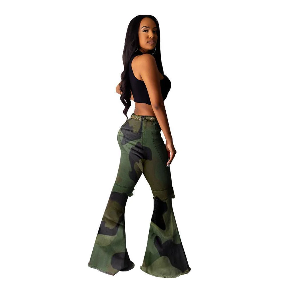 Camouflage Print Hole Flared Pants - Image 8