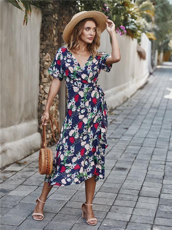 Casual Floral V Neck Short Sleeve Asymmetrical Long Dress - Image 6
