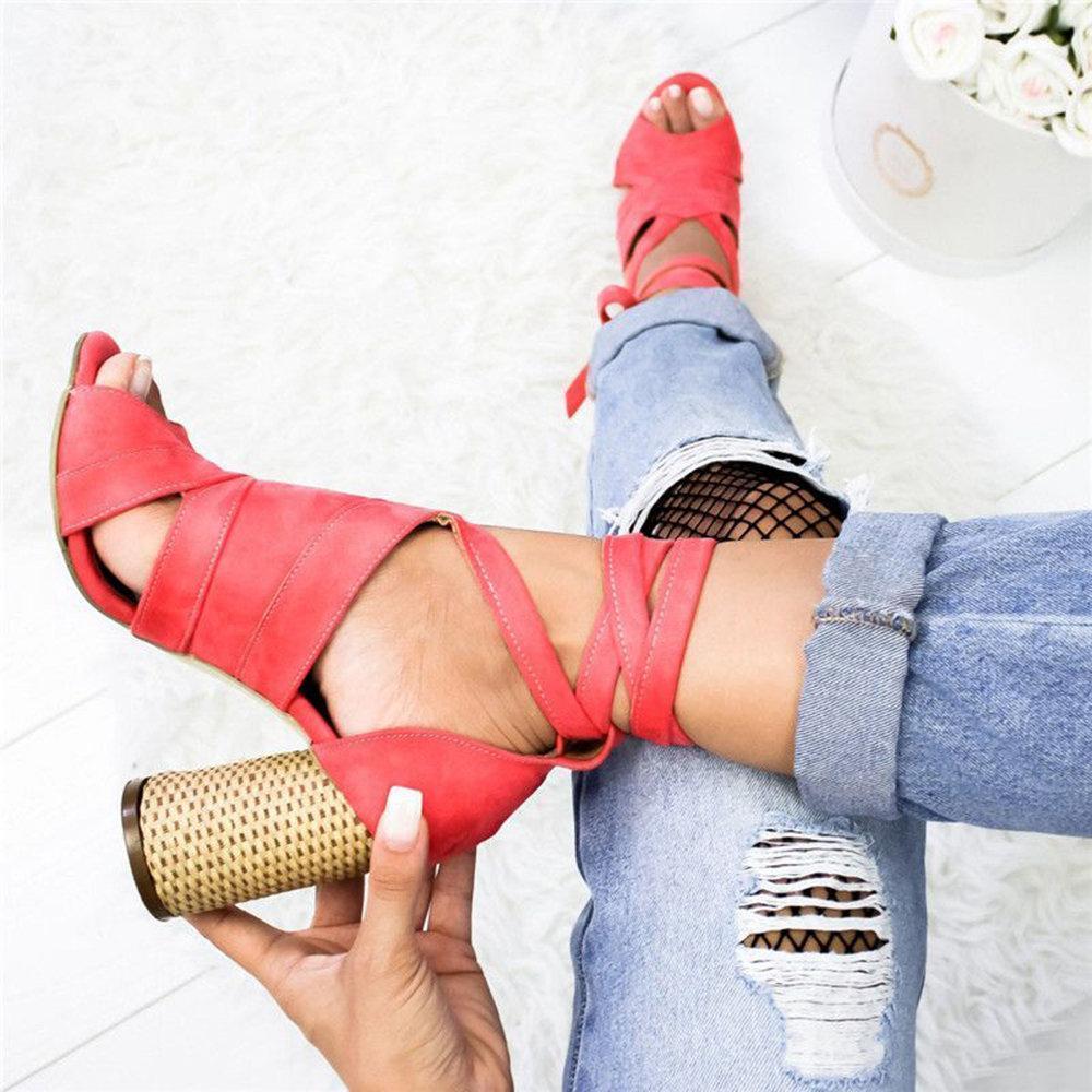 Casual Solid Color Lace Up High Heel Sandals - Image 4