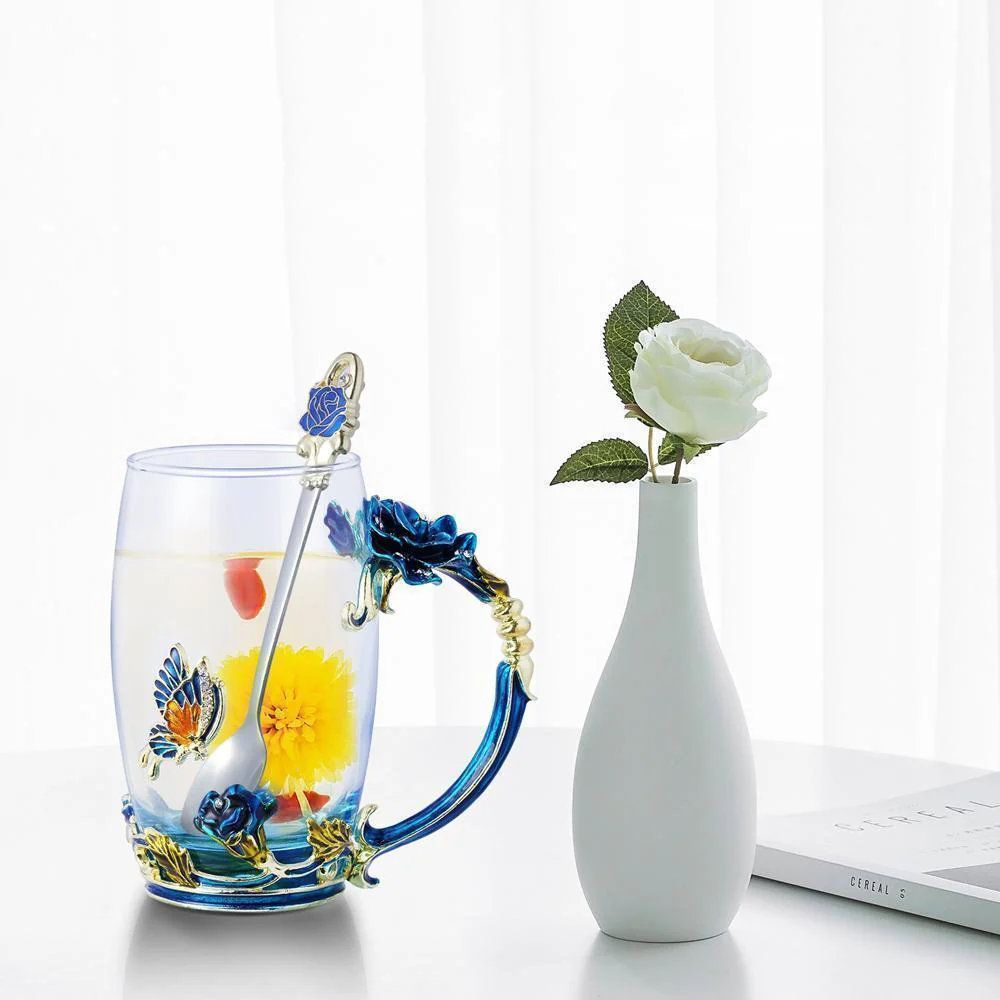 Enamel Rose Glass Tea Cup Set (With Spoon) - Image 2