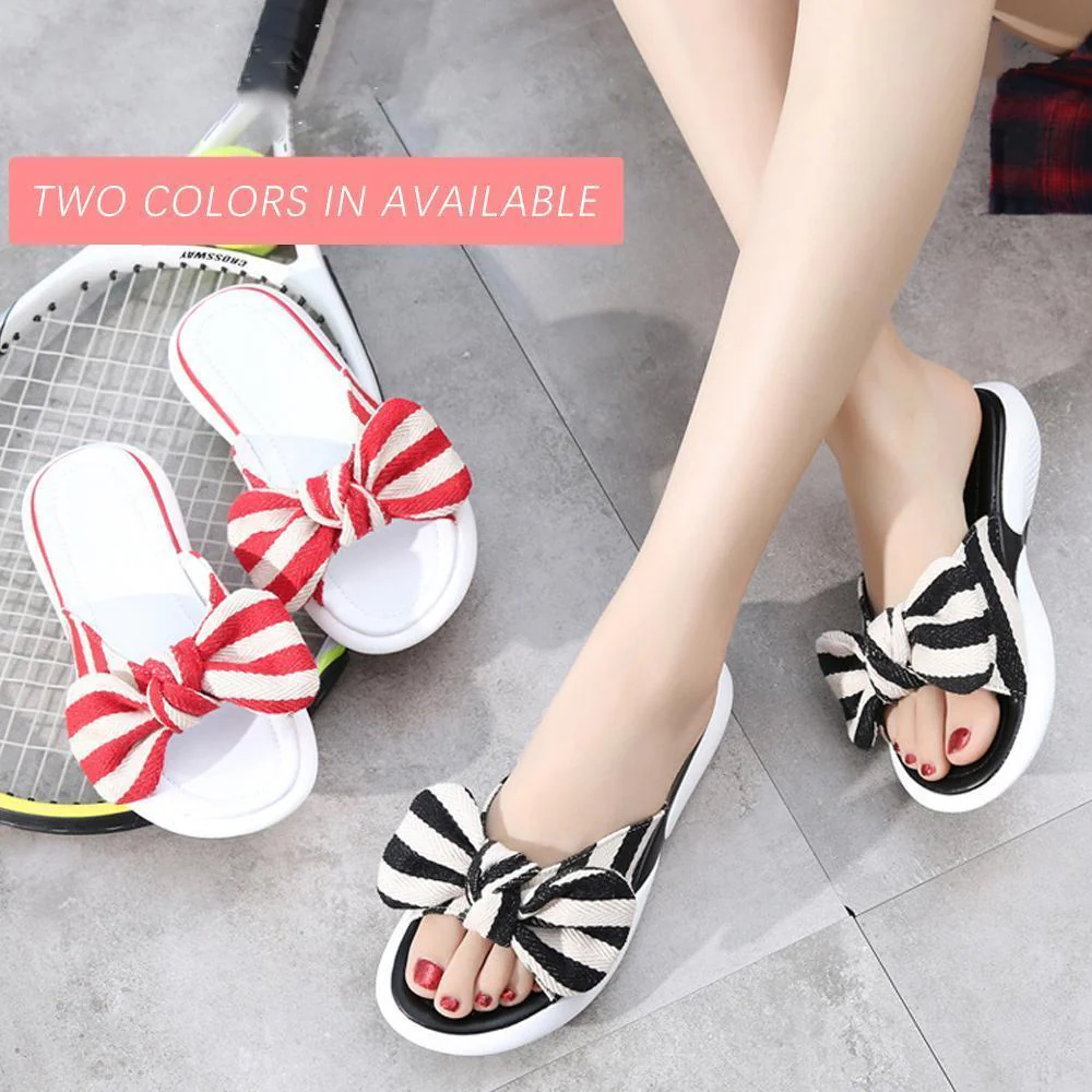 Fashion Open Toe Wedges Bowties Stripe Slides Slippers - Image 3