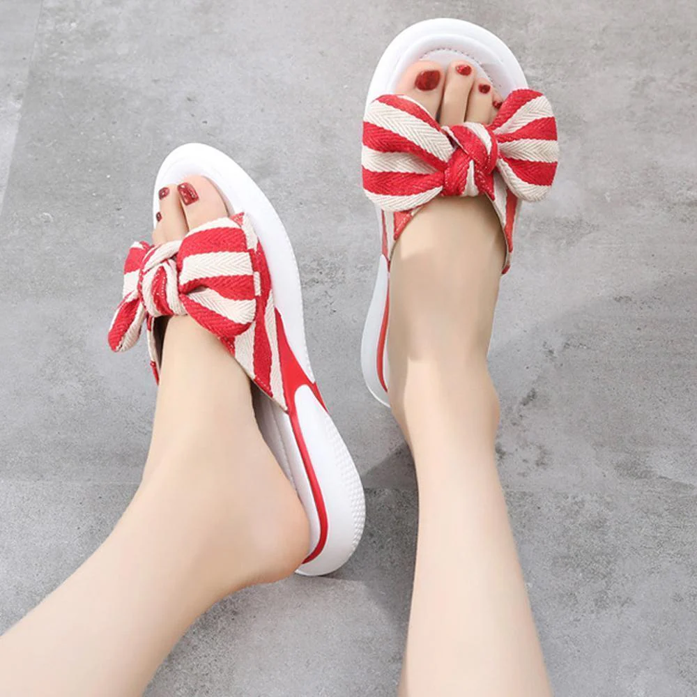 Fashion Open Toe Wedges Bowties Stripe Slides Slippers - Image 7