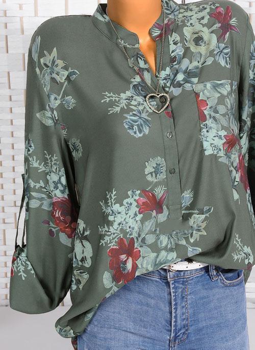 Floral Casual Stand Collar Long Sleeve Blouses TOPS.FL - Image 6