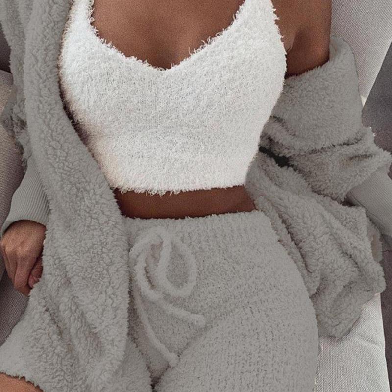Fluffy Hooded Open Front Teddy Coat & Short Sets - Image 8
