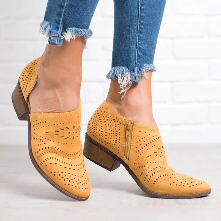 Hollow-Out Low Heel Faux Suede Zipper Ankle Boots - Image 10
