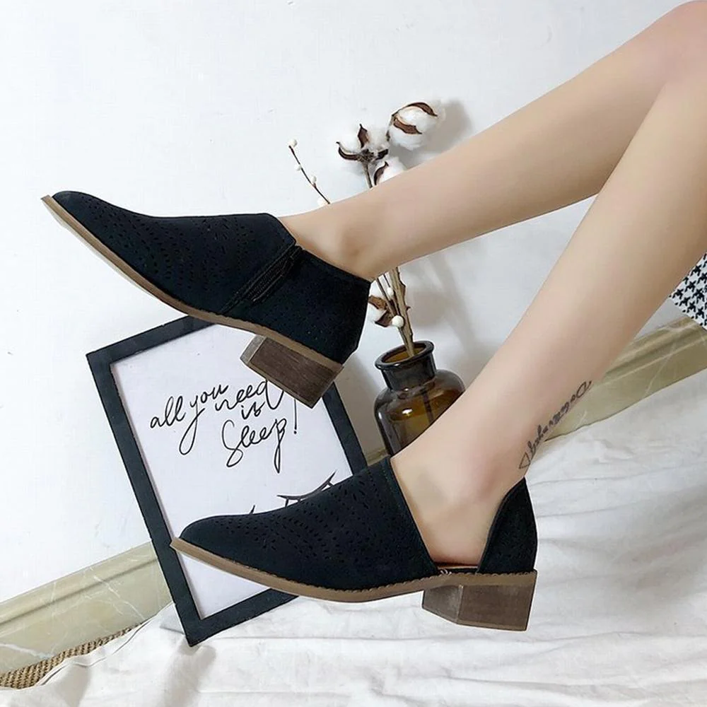 Hollow-Out Low Heel Faux Suede Zipper Ankle Boots - Image 3