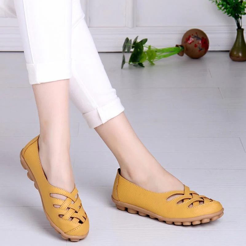 Hollow-Out Split Leather Slip-On Women's Flats - Image 2