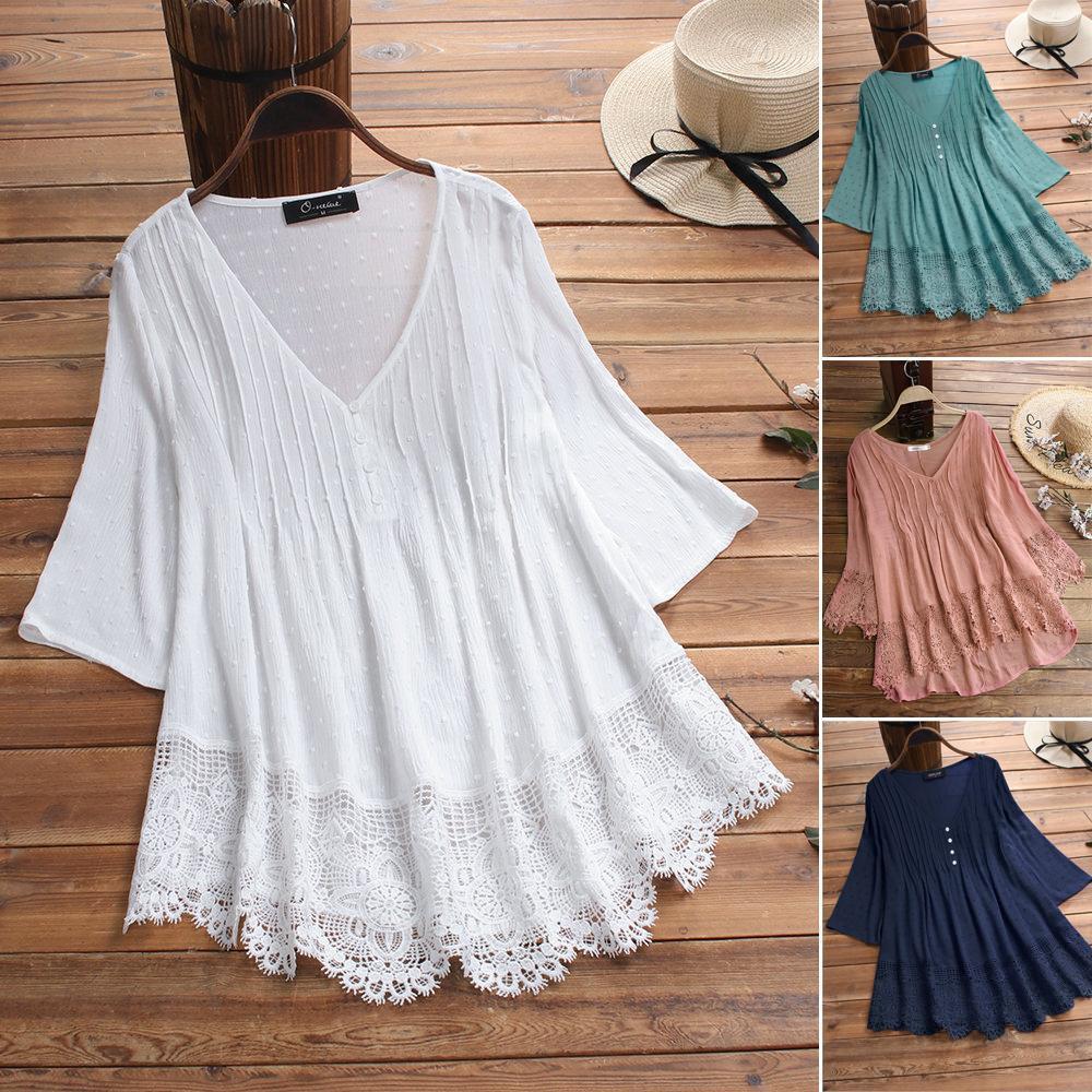 Jacquard Pleated Lace Hollow Out V-neck Plus Size Blouse - Image 5