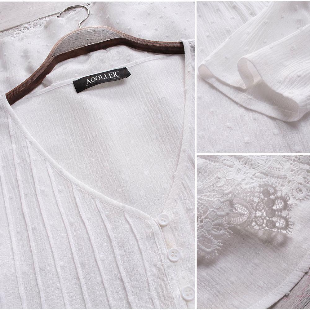 Jacquard Pleated Lace Hollow Out V-neck Plus Size Blouse - Image 6