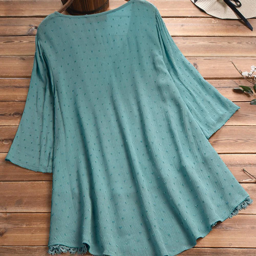 Jacquard Pleated Lace Hollow Out V-neck Plus Size Blouse - Image 7