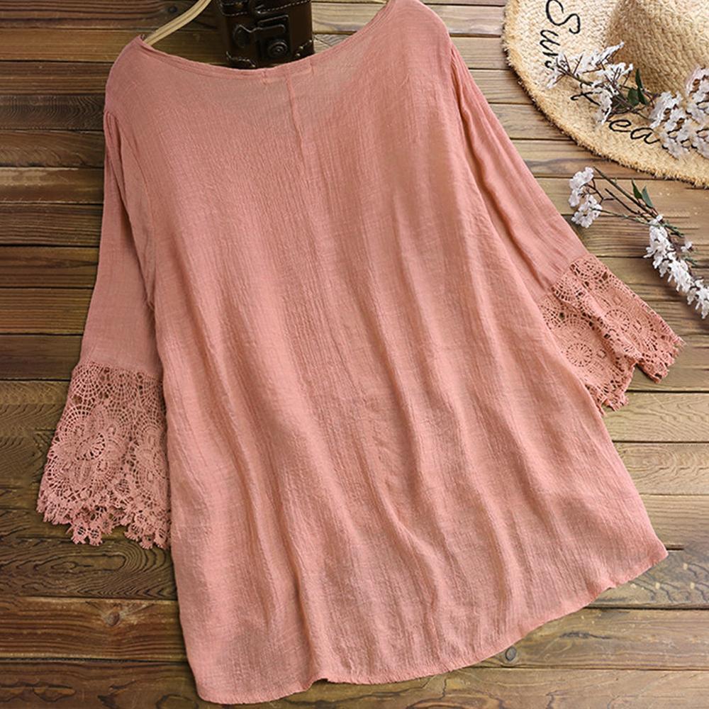 Jacquard Pleated Lace Hollow Out V-neck Plus Size Blouse - Image 8