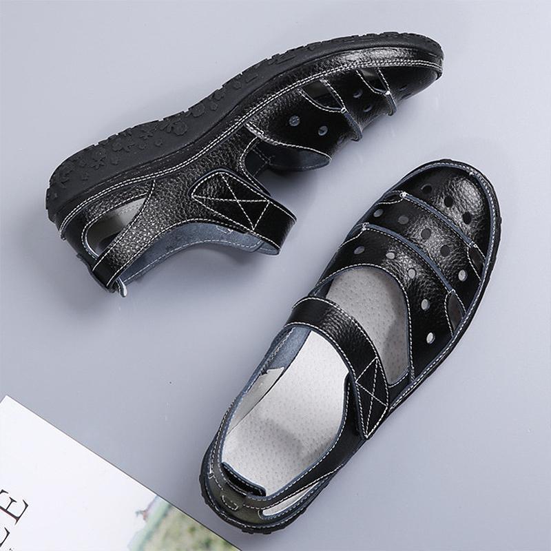 Leather Hollow Out Hook Loop Casual Flat Sandals For Women - Image 2