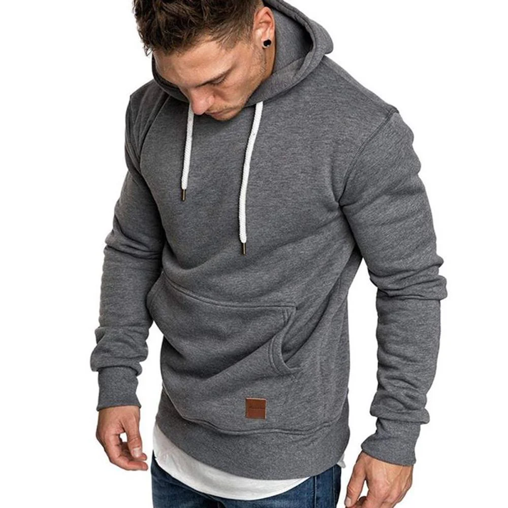 Loose Plain Lace Up Pullover Men's Hoodie with Pocket - Image 2