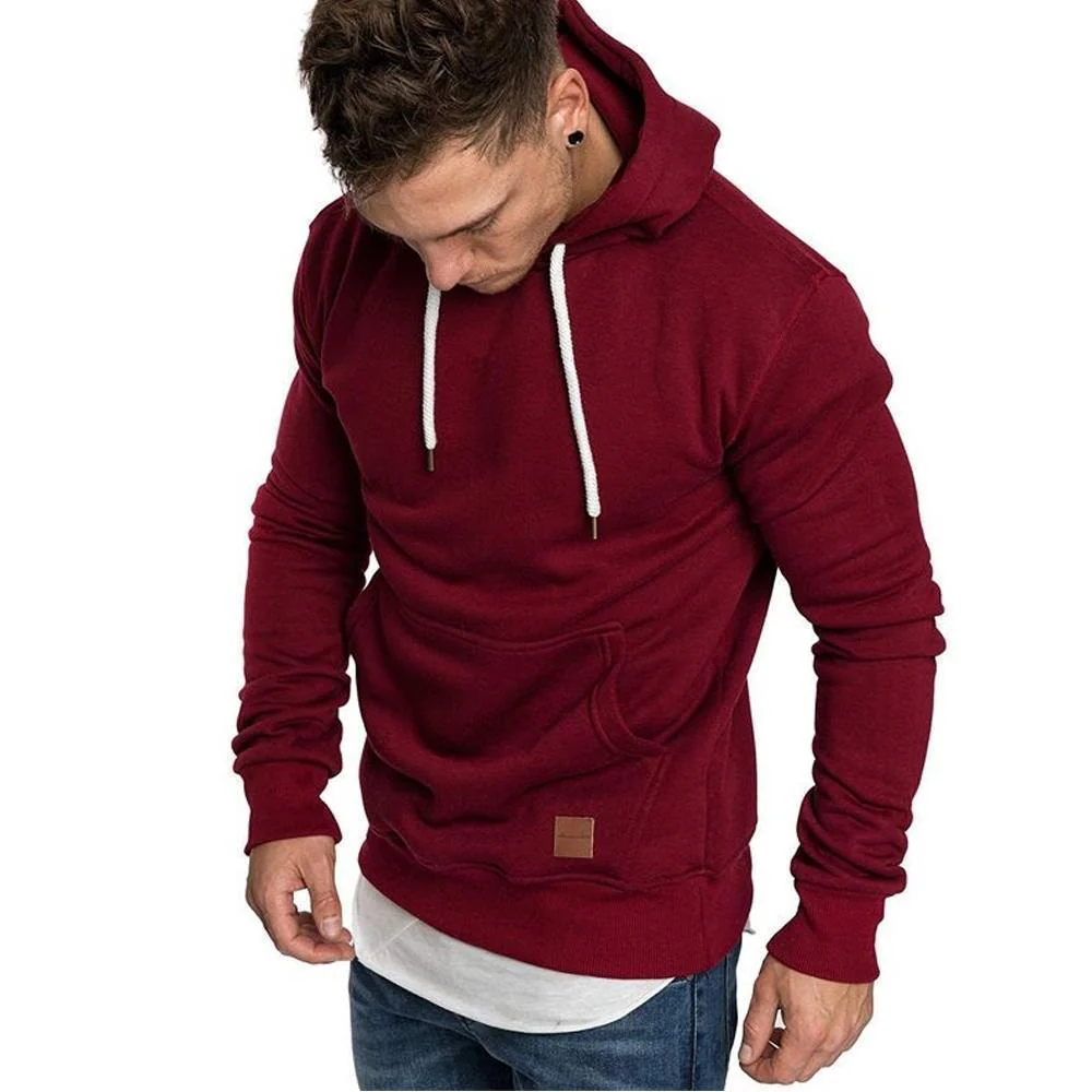 Loose Plain Lace Up Pullover Men's Hoodie with Pocket - Image 3