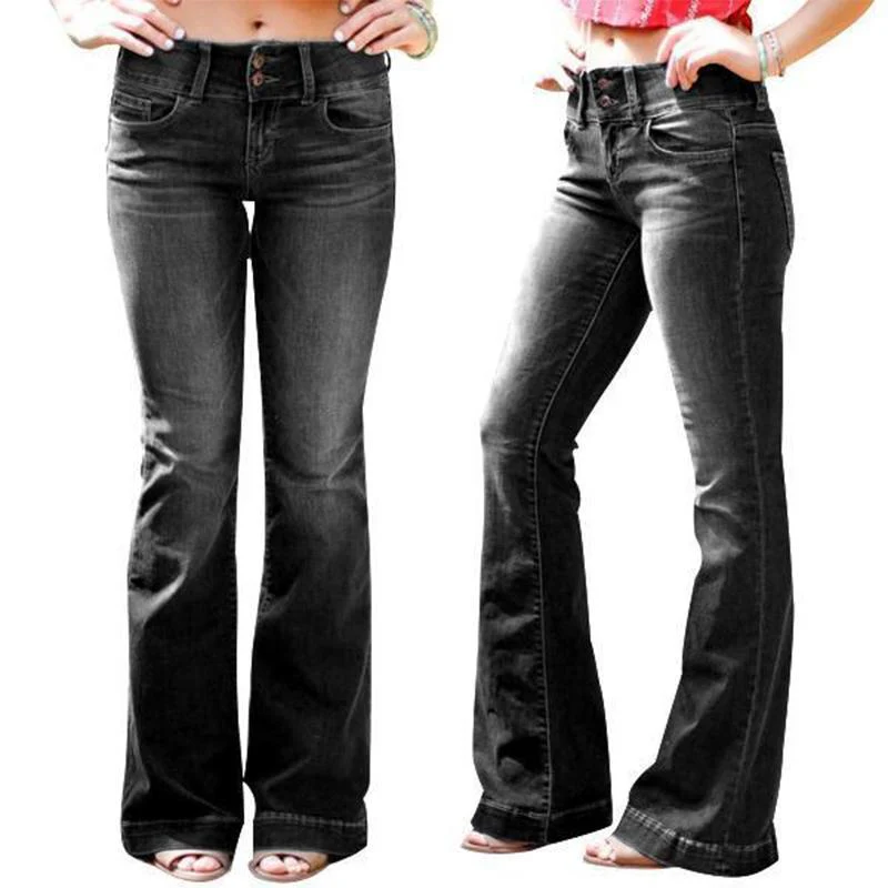 Mid Waist Casual Button Bell-bottom Jeans - Image 2