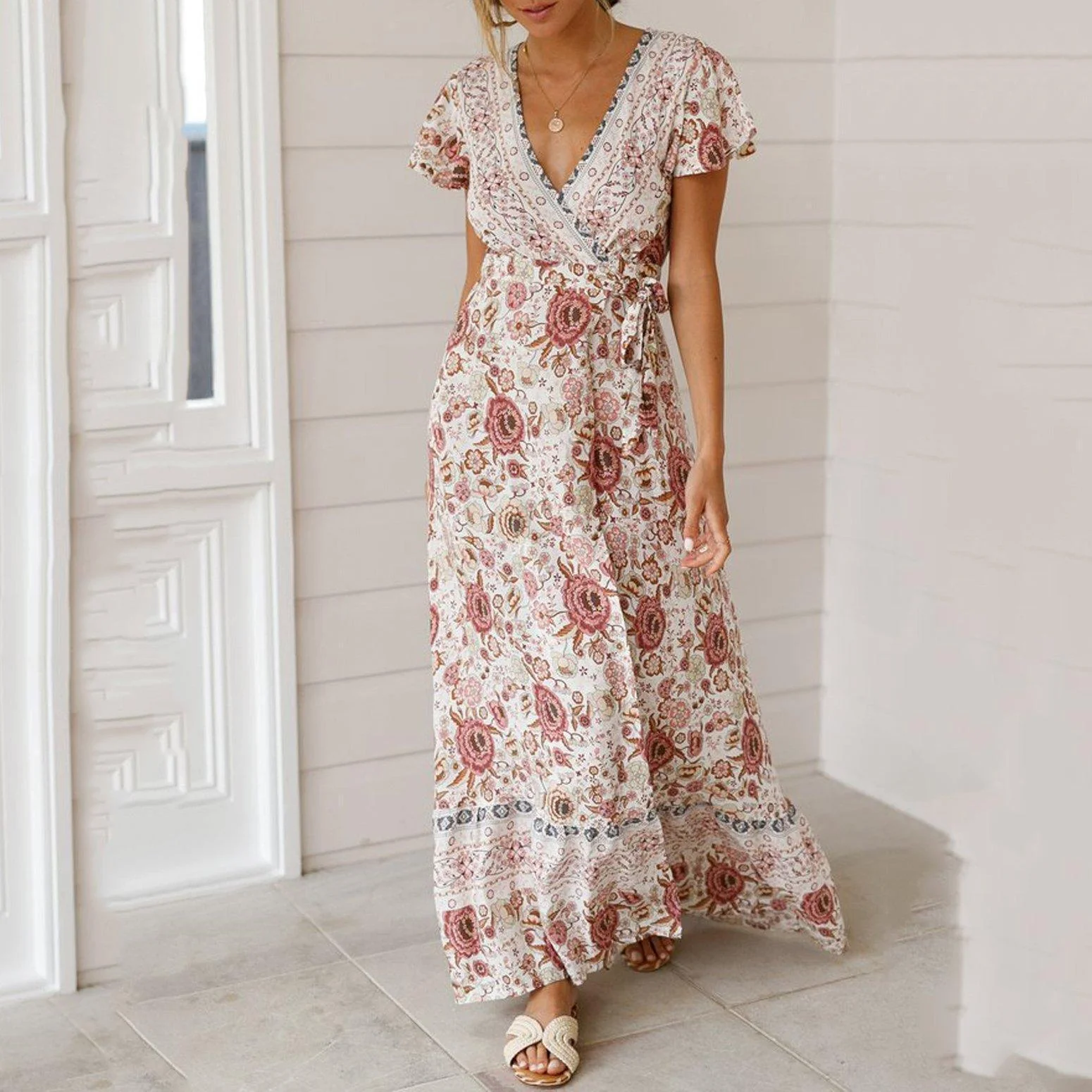 New Bohemian Big Pendulum V-Neck Beach Holiday Tie Printing Maxi Dresses.MC - Image 11