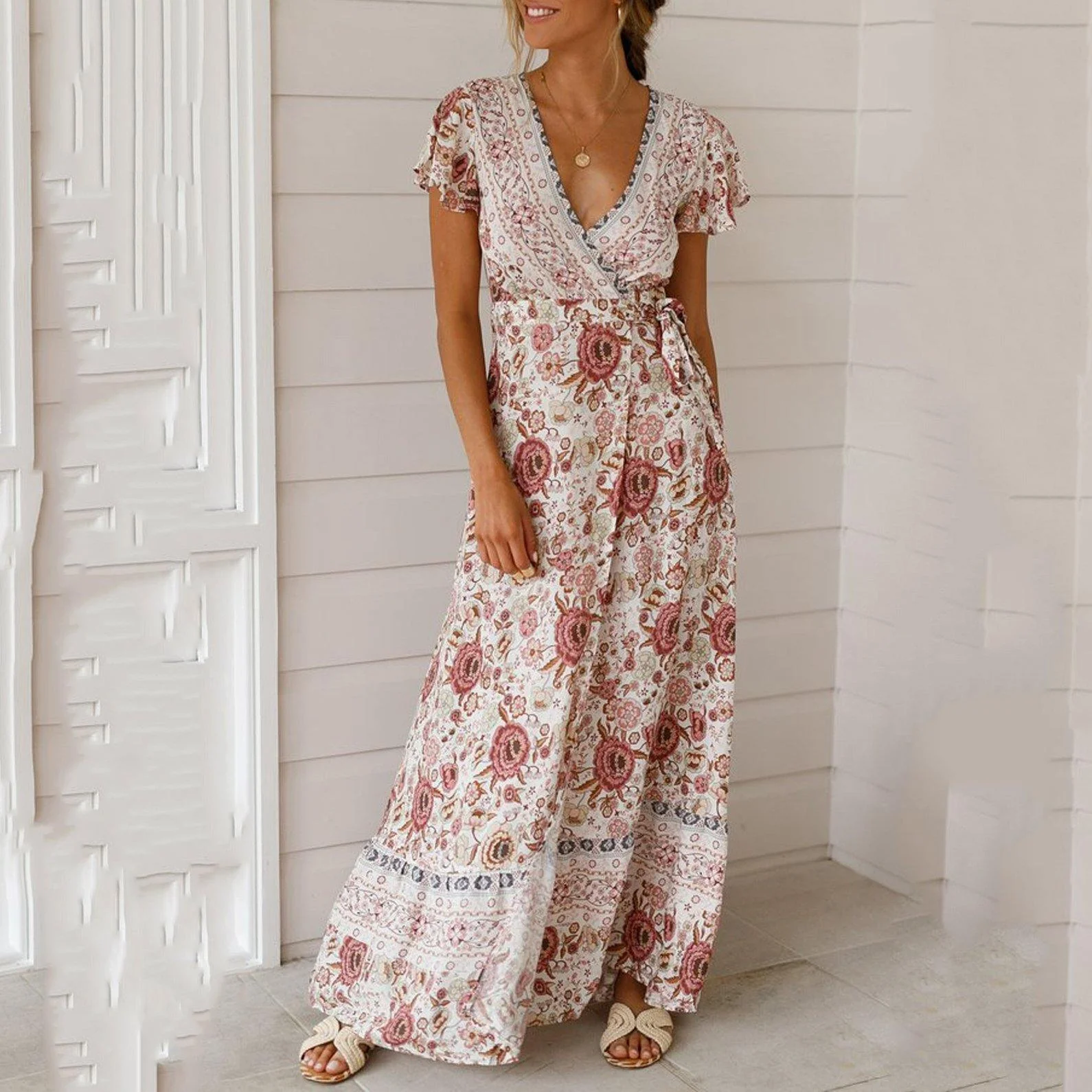 New Bohemian Big Pendulum V-Neck Beach Holiday Tie Printing Maxi Dresses.MC - Image 14