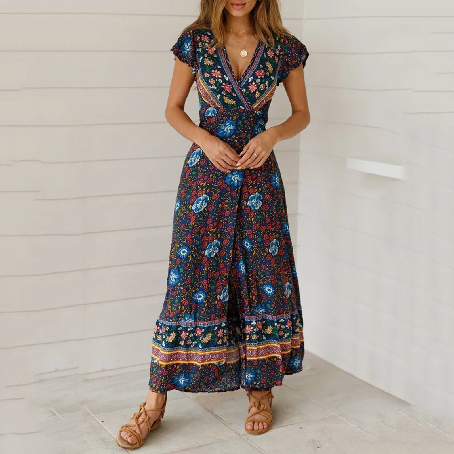 New Bohemian Big Pendulum V-Neck Beach Holiday Tie Printing Maxi Dresses.MC - Image 18