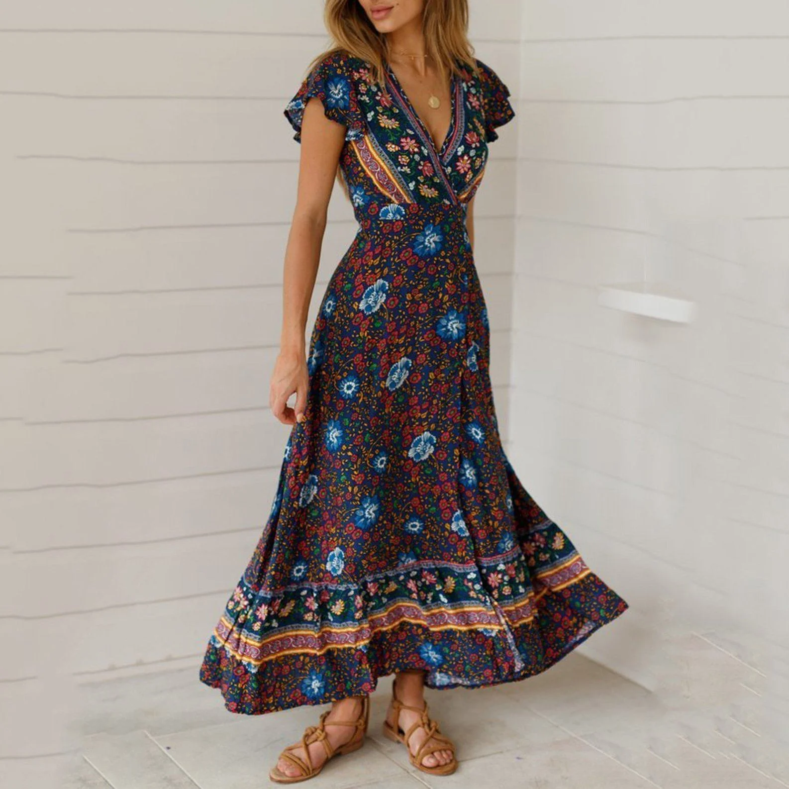 New Bohemian Big Pendulum V-Neck Beach Holiday Tie Printing Maxi Dresses.MC - Image 19