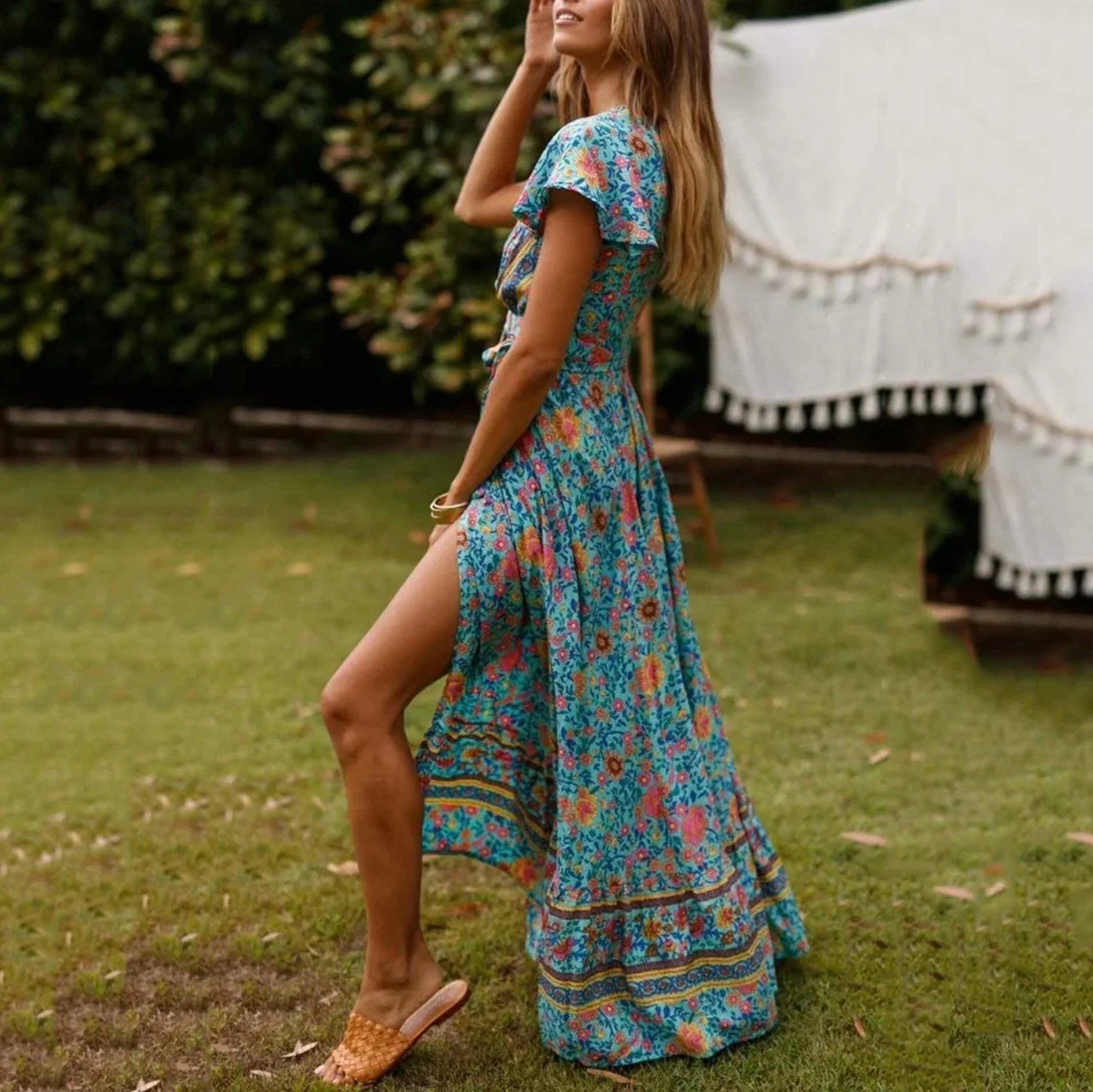 New Bohemian Big Pendulum V-Neck Beach Holiday Tie Printing Maxi Dresses.MC - Image 2