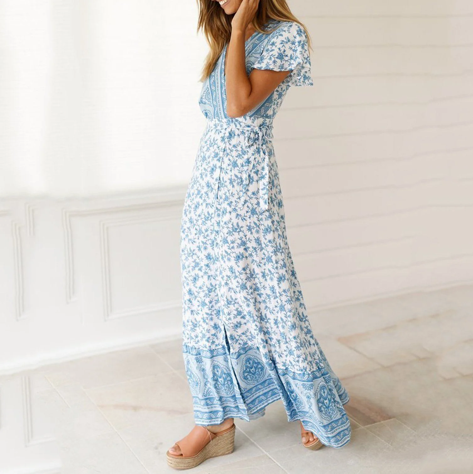 New Bohemian Big Pendulum V-Neck Beach Holiday Tie Printing Maxi Dresses.MC - Image 23