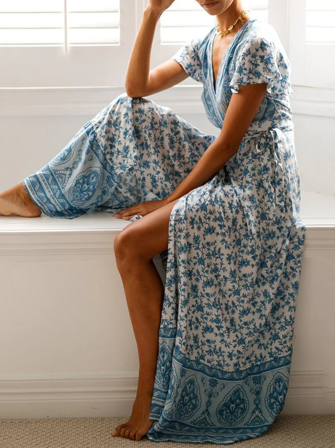 New Bohemian Big Pendulum V-Neck Beach Holiday Tie Printing Maxi Dresses.MC - Image 27