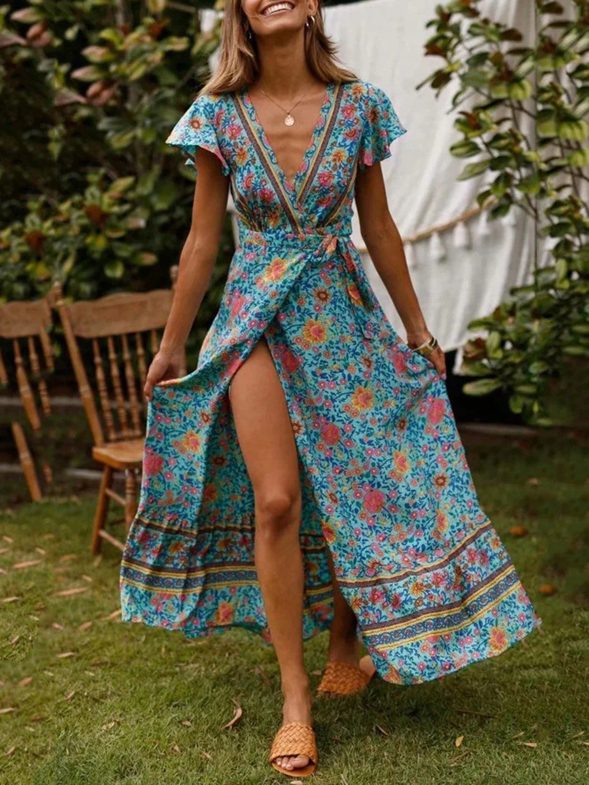 New Bohemian Big Pendulum V-Neck Beach Holiday Tie Printing Maxi Dresses.MC - Image 3