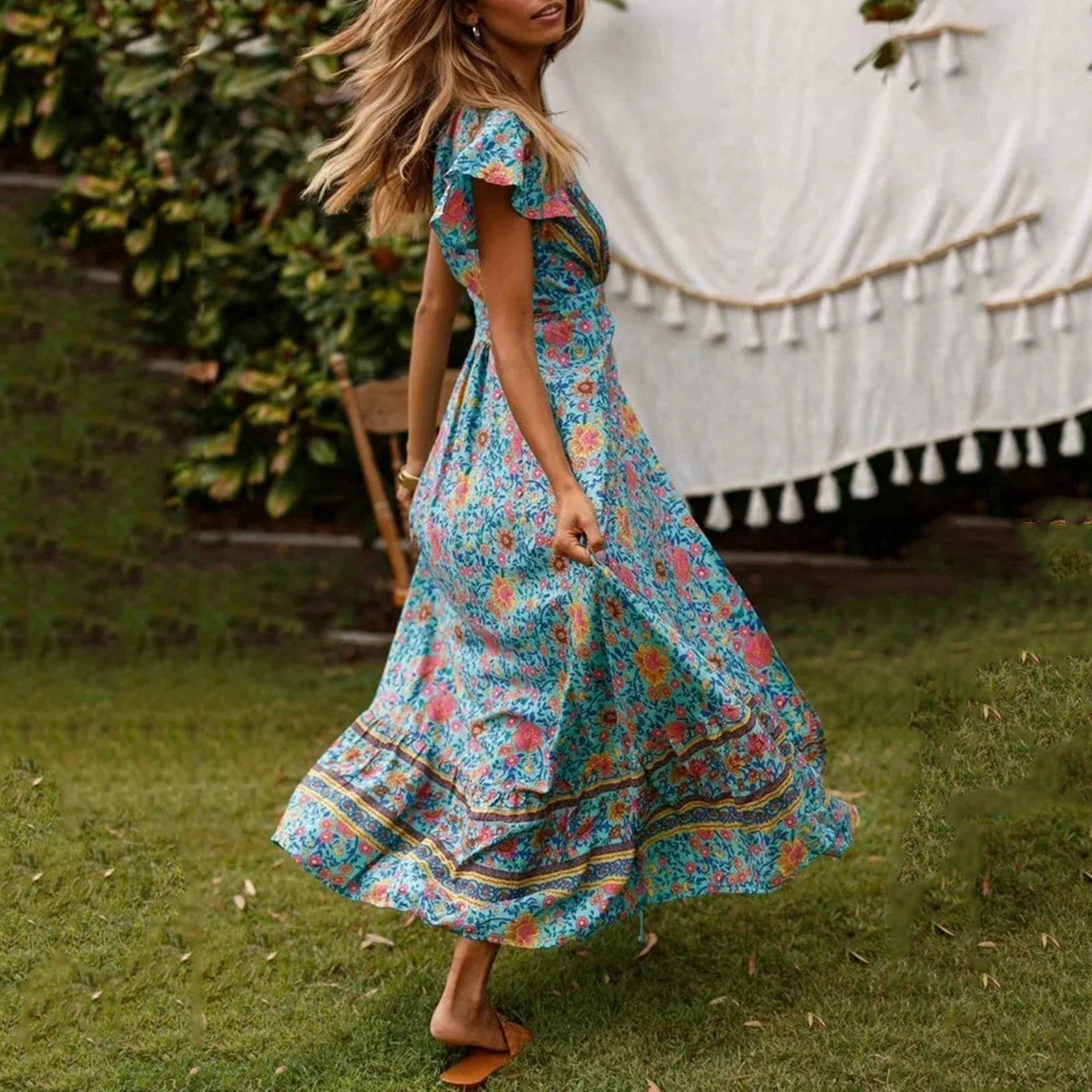 New Bohemian Big Pendulum V-Neck Beach Holiday Tie Printing Maxi Dresses.MC - Image 5