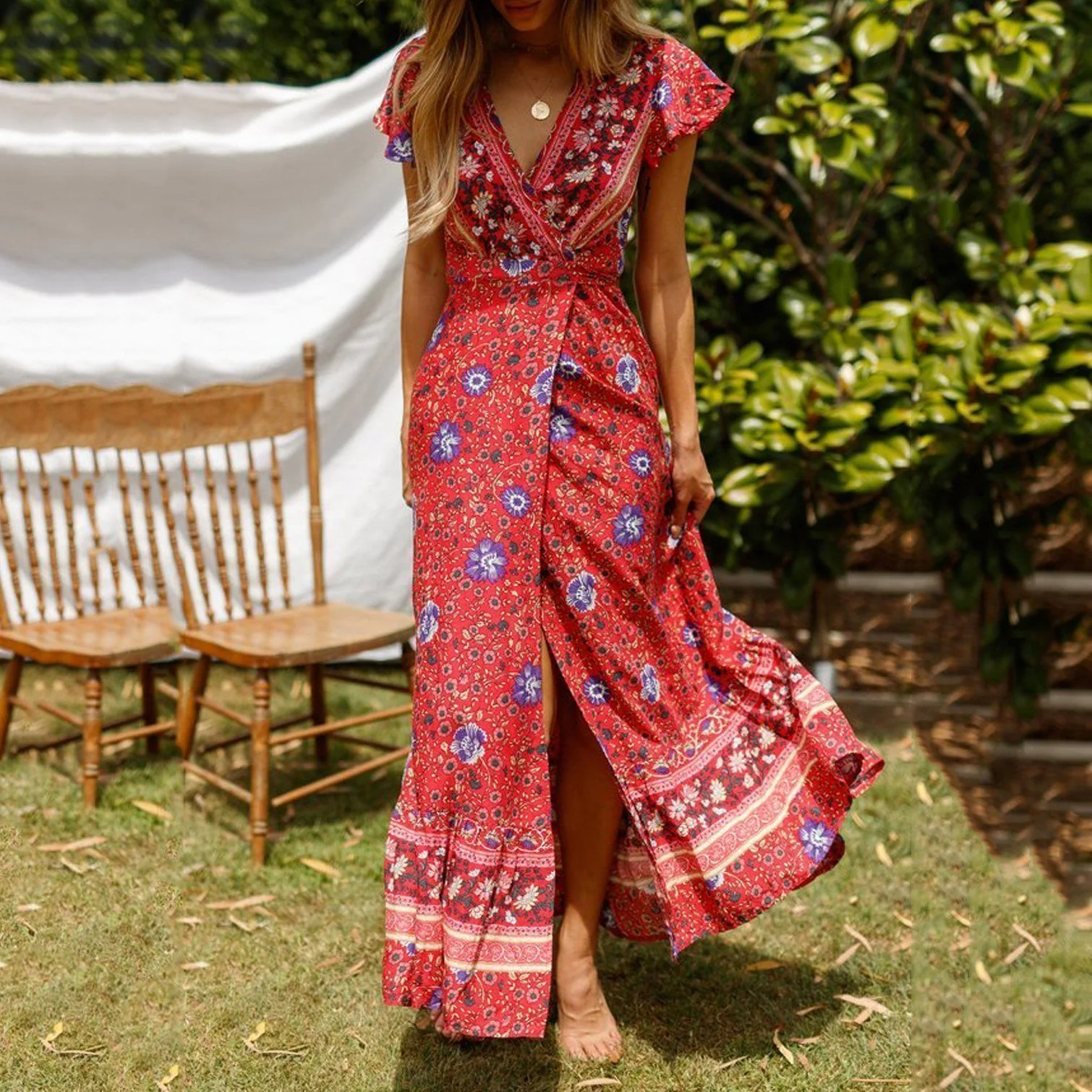New Bohemian Big Pendulum V-Neck Beach Holiday Tie Printing Maxi Dresses.MC - Image 7