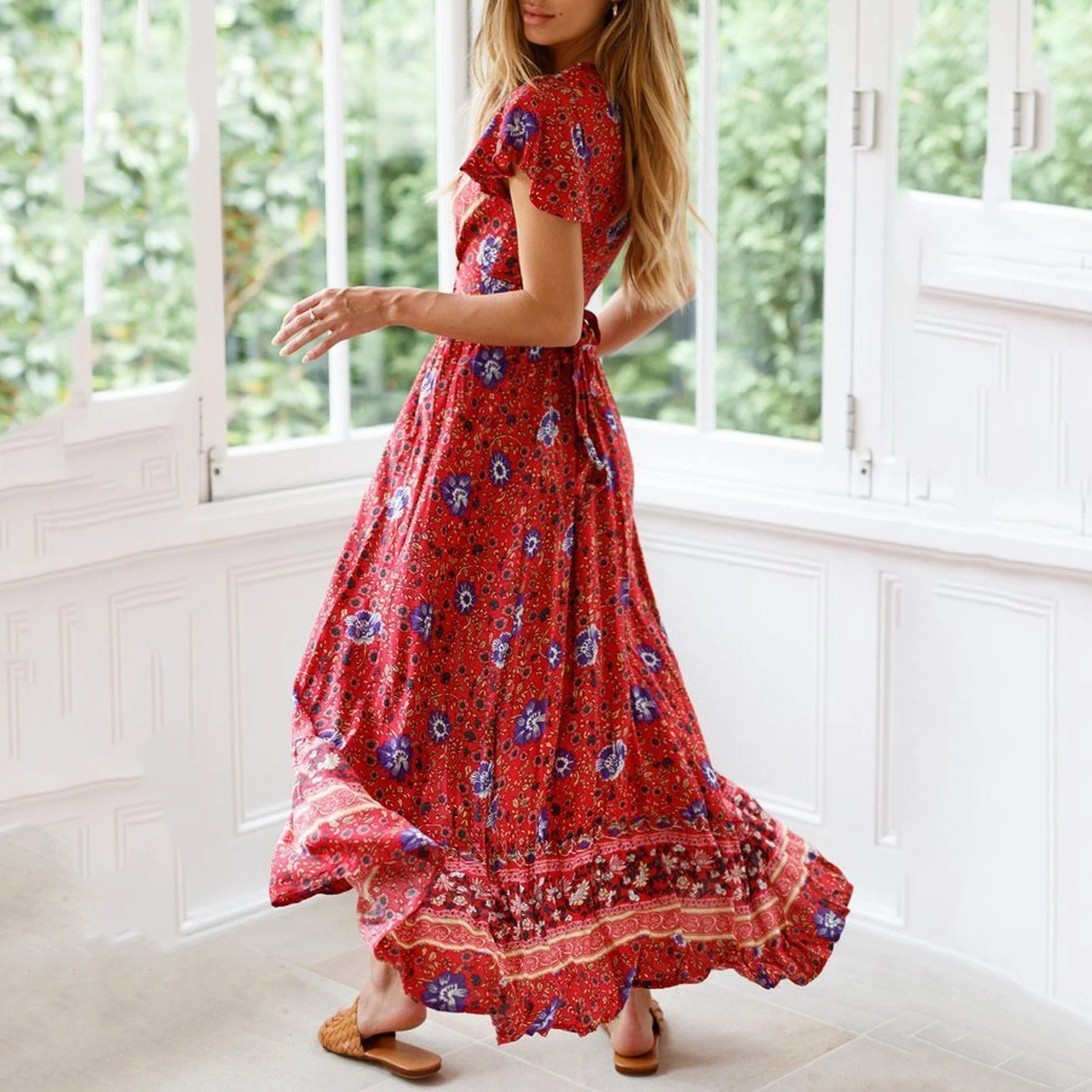 New Bohemian Big Pendulum V-Neck Beach Holiday Tie Printing Maxi Dresses.MC - Image 8