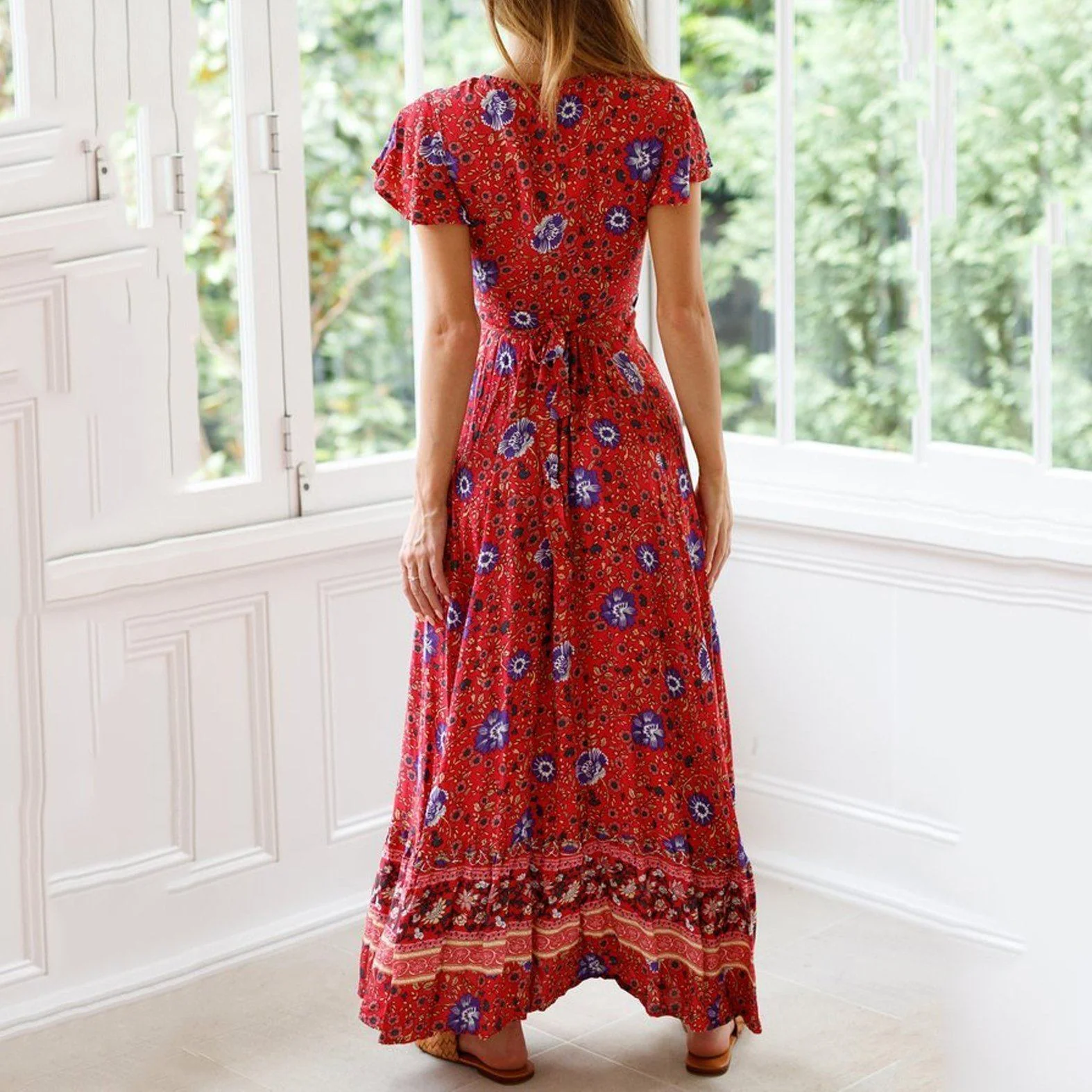 New Bohemian Big Pendulum V-Neck Beach Holiday Tie Printing Maxi Dresses.MC - Image 9