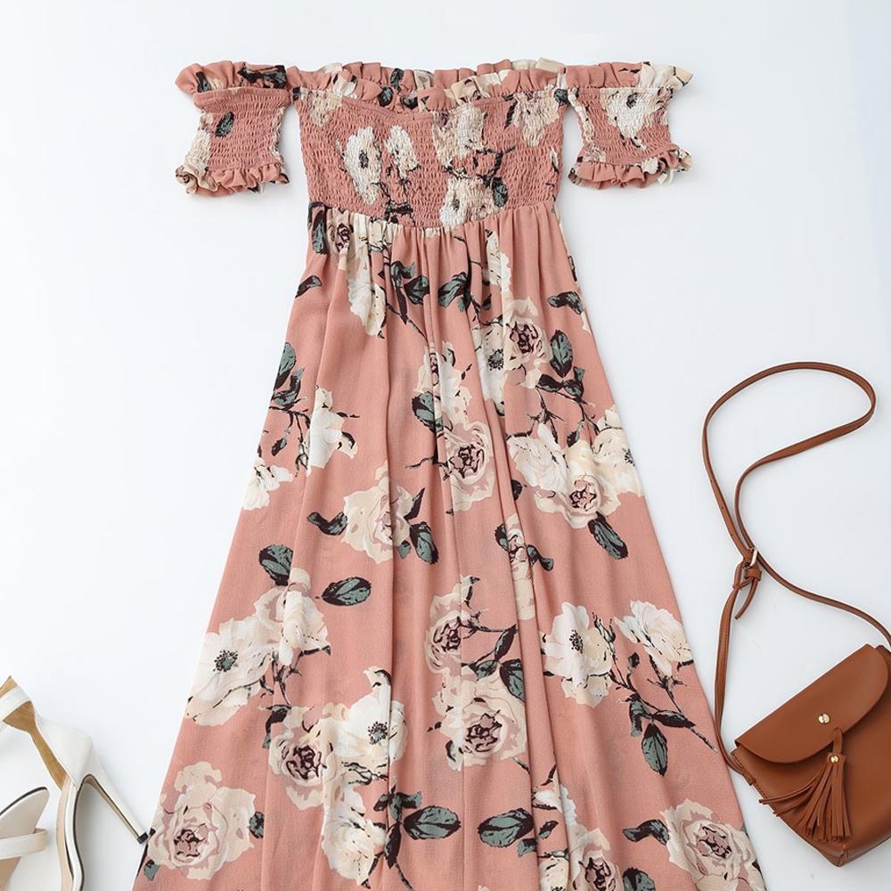 Off Shoulder Shirred Slit Floral Maxi Dress - Image 2