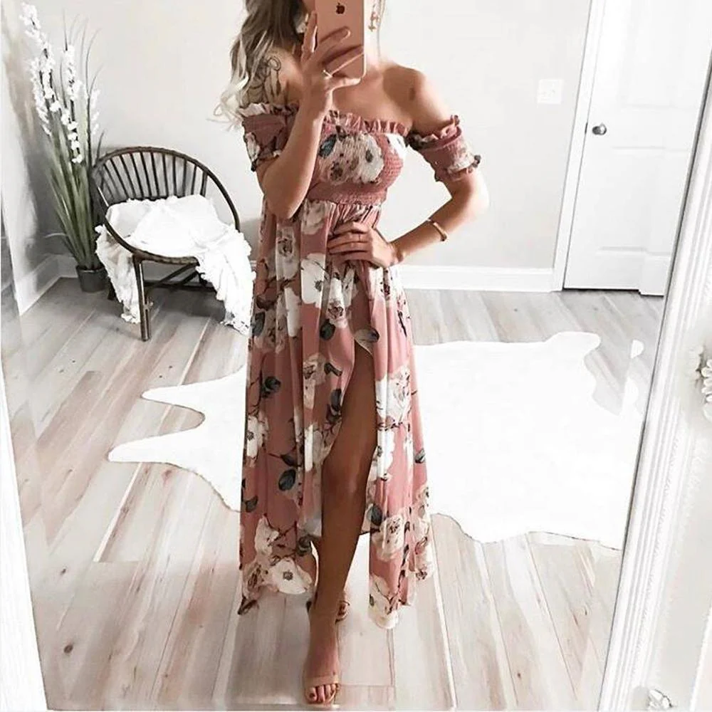 Off Shoulder Shirred Slit Floral Maxi Dress - Image 4