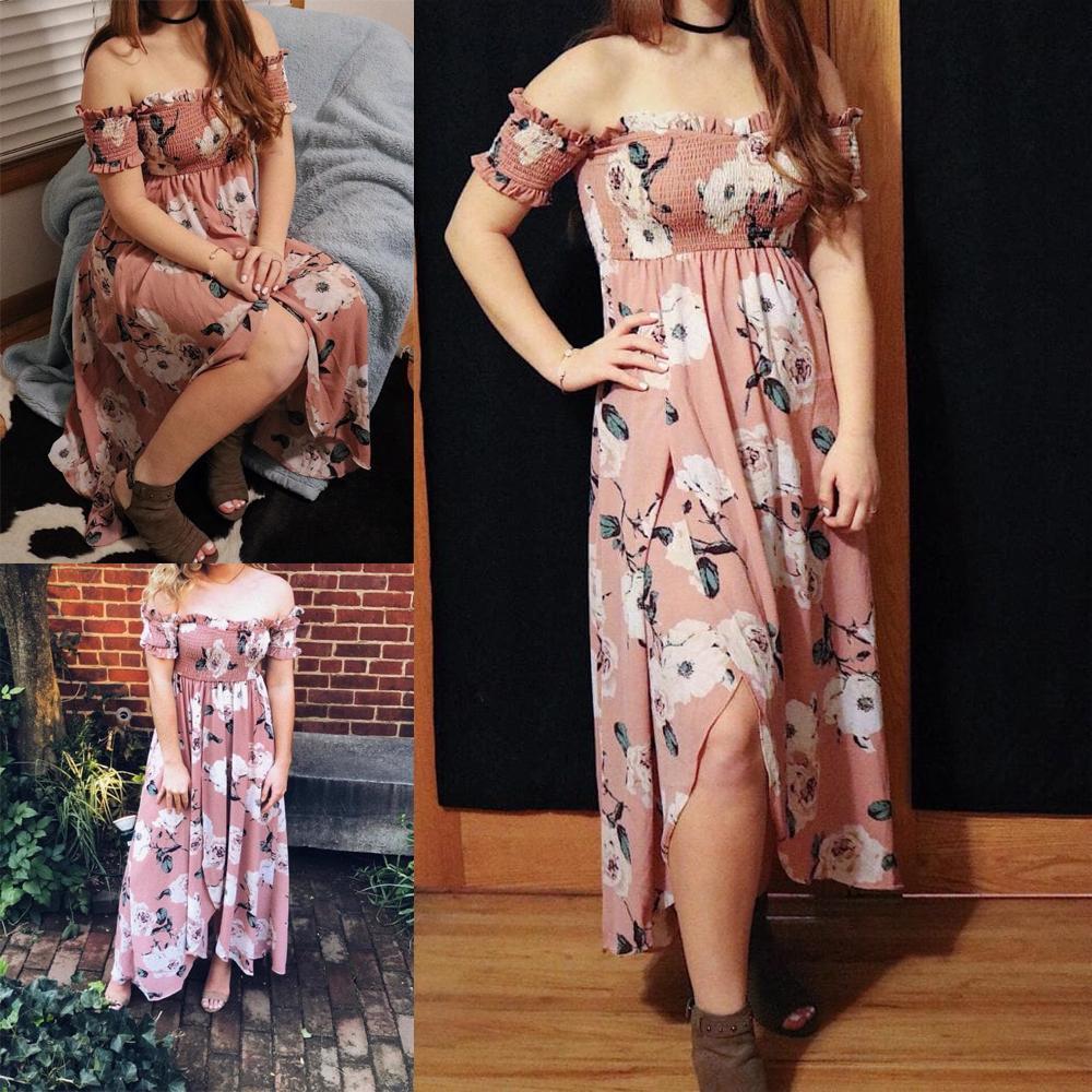 Off Shoulder Shirred Slit Floral Maxi Dress - Image 5