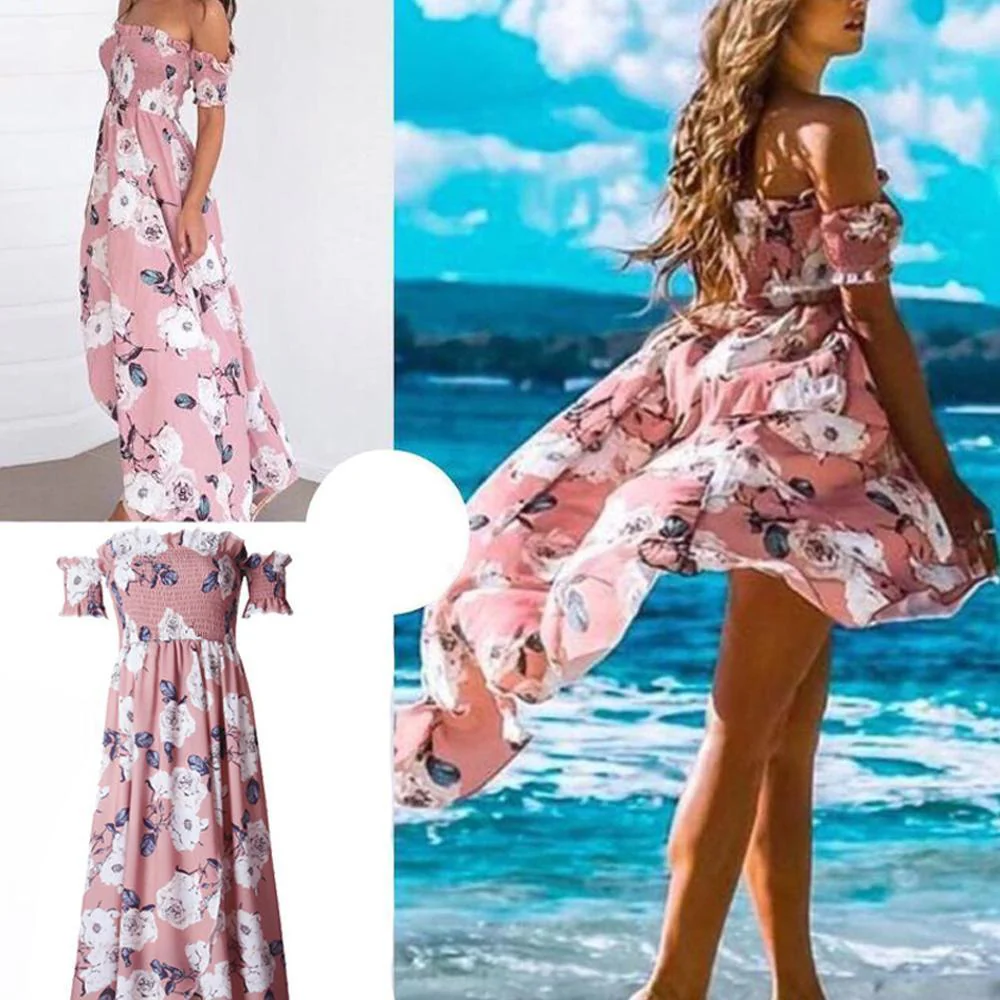 Off Shoulder Shirred Slit Floral Maxi Dress - Image 7