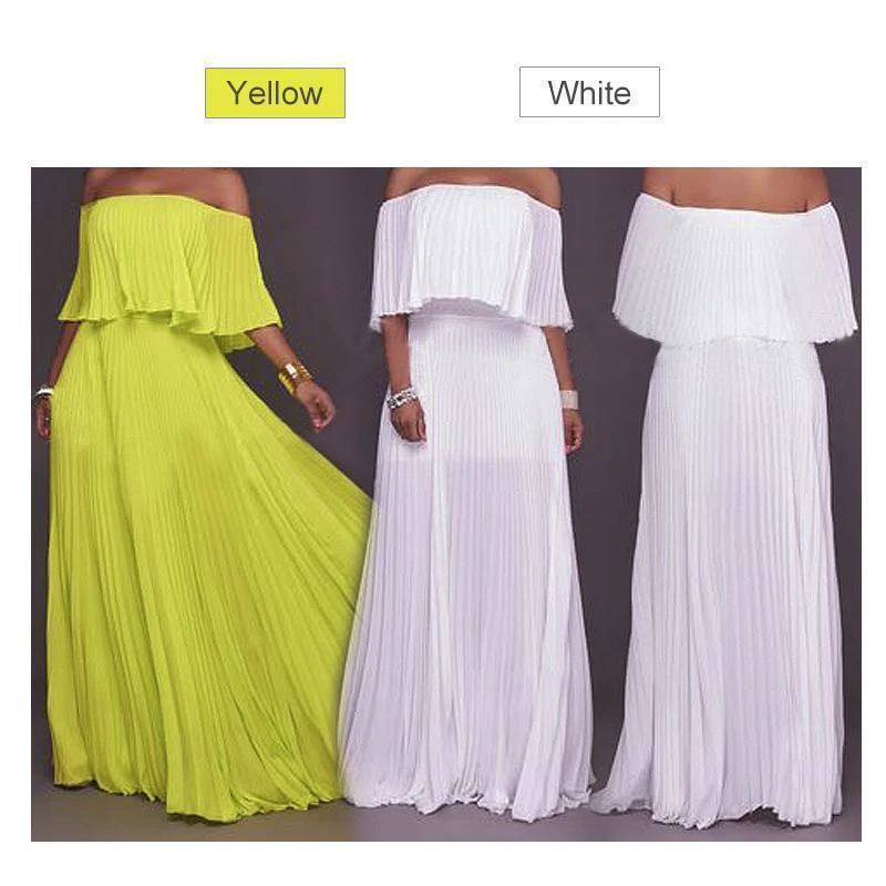 One-word Collar Pleated Maxi Prom Dress - Image 3