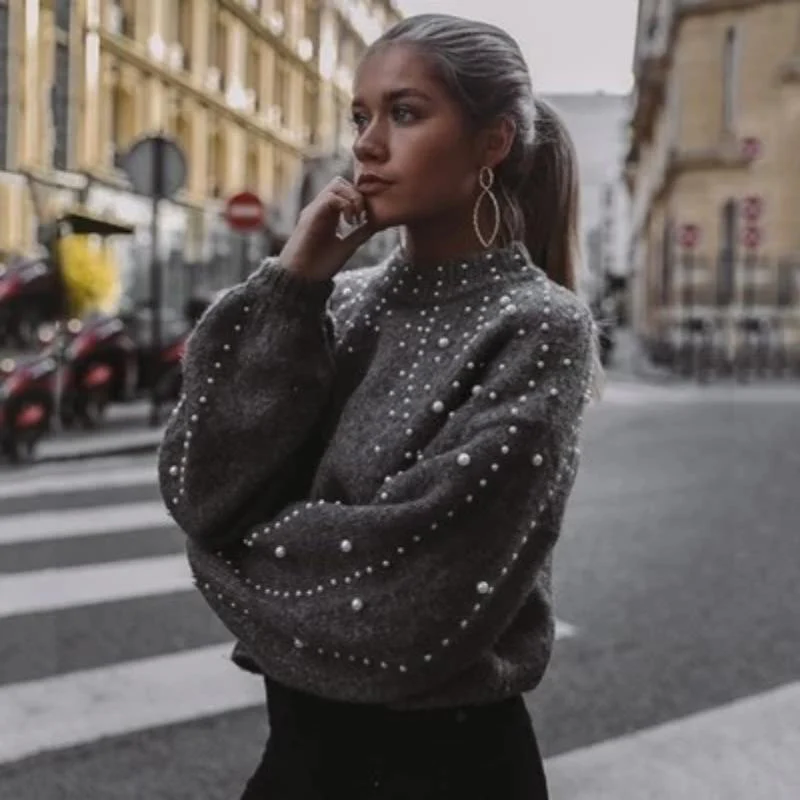 Pearl Printed Lantern Sleeve Knitwear Soft Knitting Sweater - Image 2