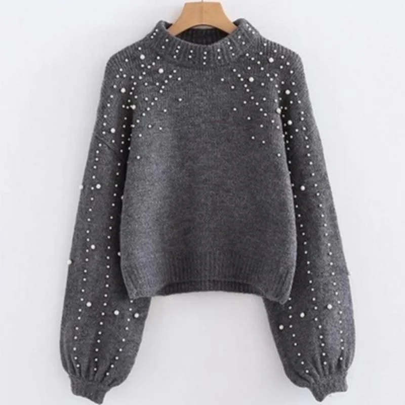 Pearl Printed Lantern Sleeve Knitwear Soft Knitting Sweater - Image 4