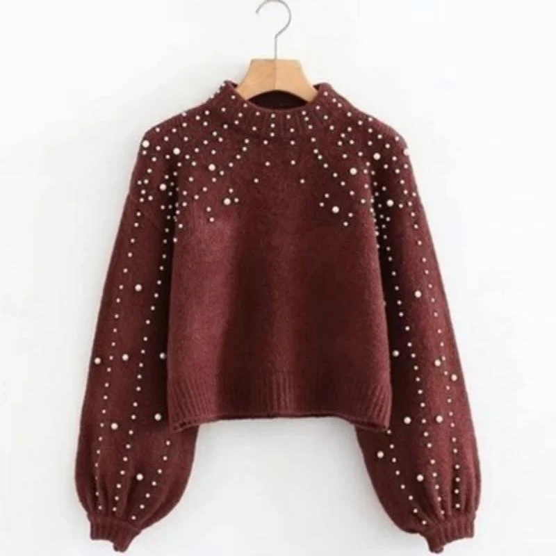 Pearl Printed Lantern Sleeve Knitwear Soft Knitting Sweater - Image 5
