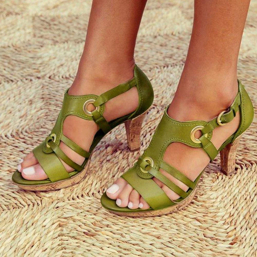 Plain Chunky High Heeled Peep Toe Date Travel Sandals - Image 5