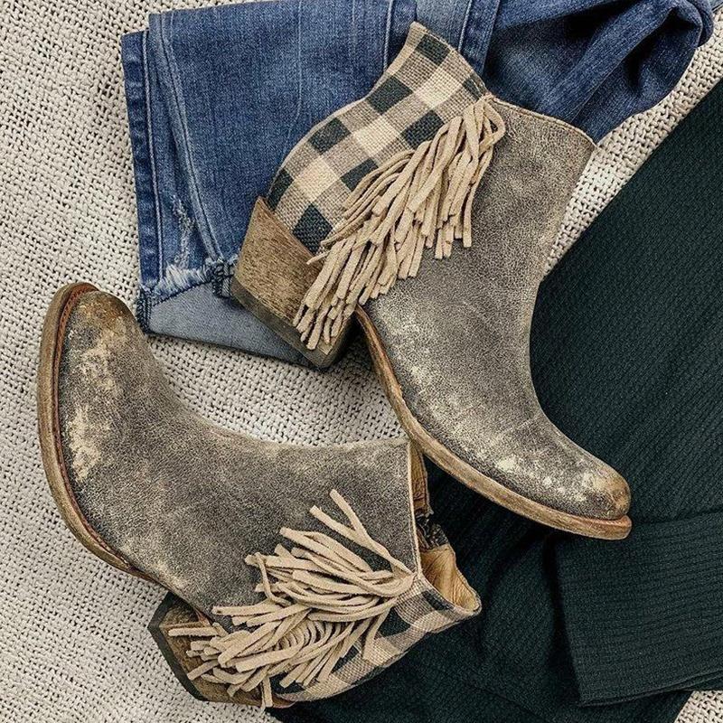 Retro Tassel Side Checked Back Zipper Boot - Image 2