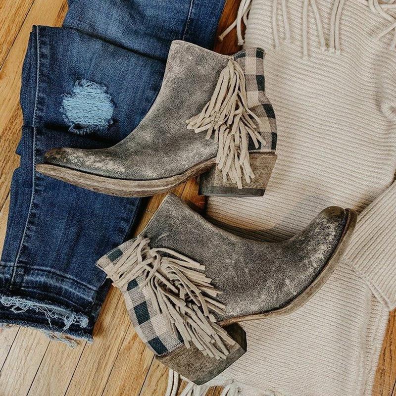 Retro Tassel Side Checked Back Zipper Boot - Image 3