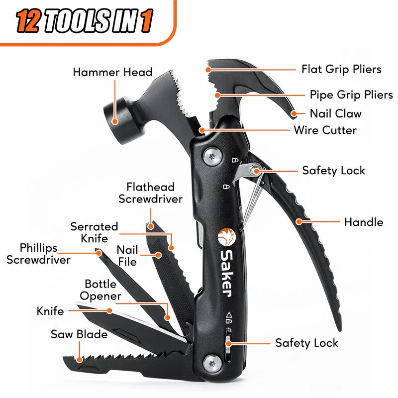 Saker Multi-Functional 12 in 1 Mini Hammer Camping Gear Survival Tool - Image 3