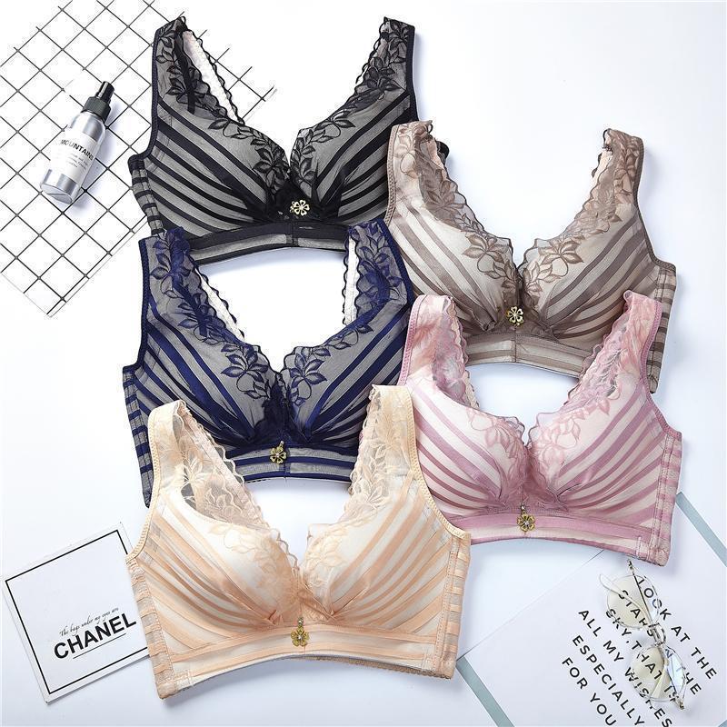 Stripes Lace Push-Up Seamless Breathable Zipper Bra - Image 2