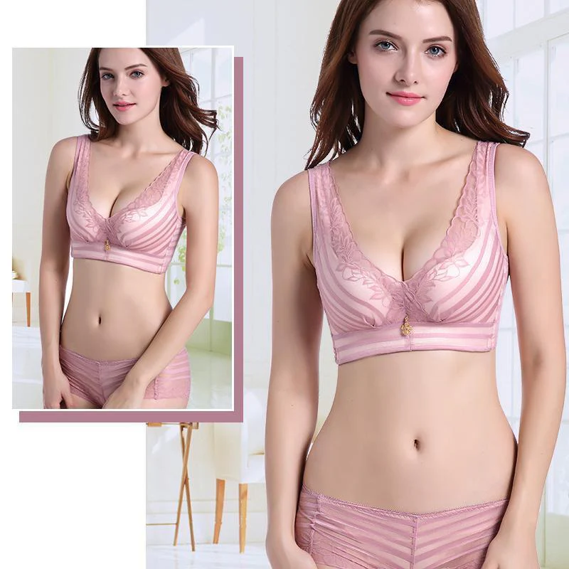 Stripes Lace Push-Up Seamless Breathable Zipper Bra - Image 7