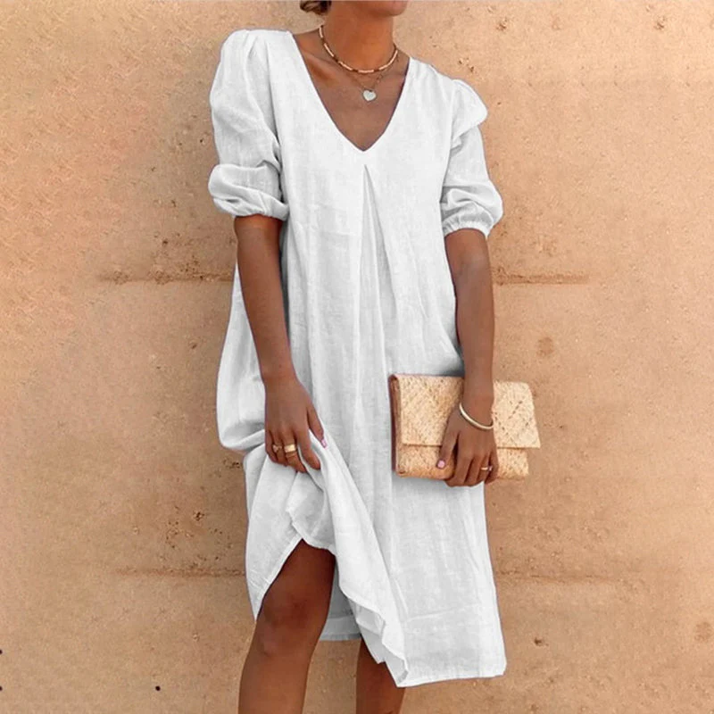 V-neck solid-colored midi dress - Image 2